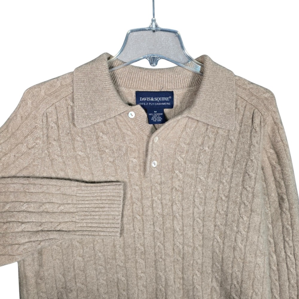 Davis & Squire Sweater Men's Medium 100% Cashmere Beige Cable Knit Polo Collar